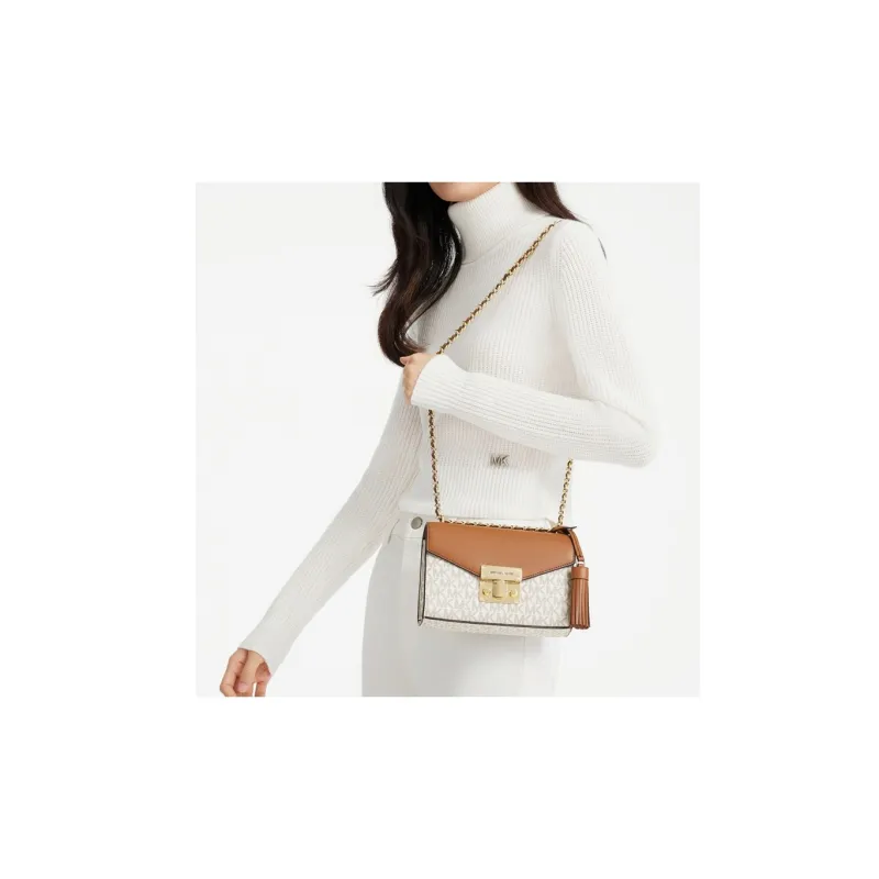 MICHAEL KORS Rose Cow Leather Shoulder Bag Small Size Women's Vanilla White/Acorn Brown-3