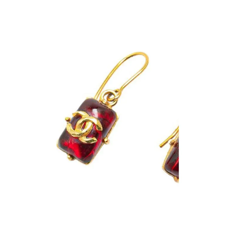 CHANEL 1999 Gold Plated Gripoix Cc Hook Costume Earrings-2