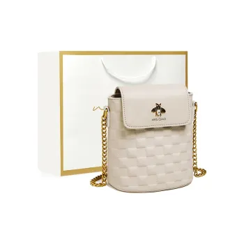 Narandu Top Grain Cow Leather Crossbody Bag Bucket Bag Small Size Women's Ecru/Elephant Gray