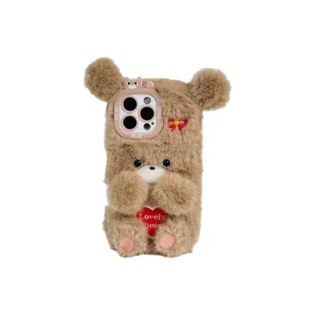 Sopi Plush Material Plush Embroidered Heart Bear Phone Cases Compatible With IPhone 16/15 Pro Max/Apple 13/14 Pro/Max