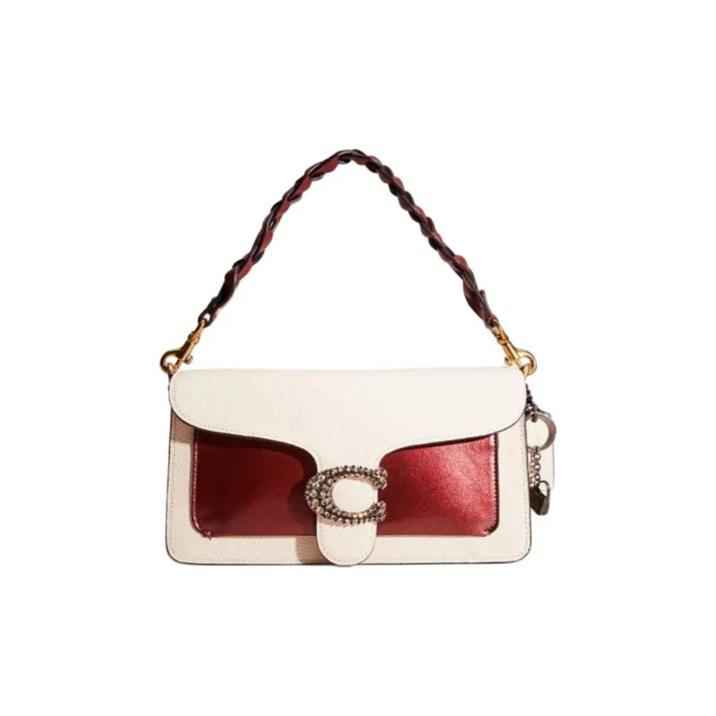 COACH Tabby Litchi Grain Leather Shoulder Bag Crossbody Bag Handbag Medium Size Women's Brass With White Jade Inlay-0