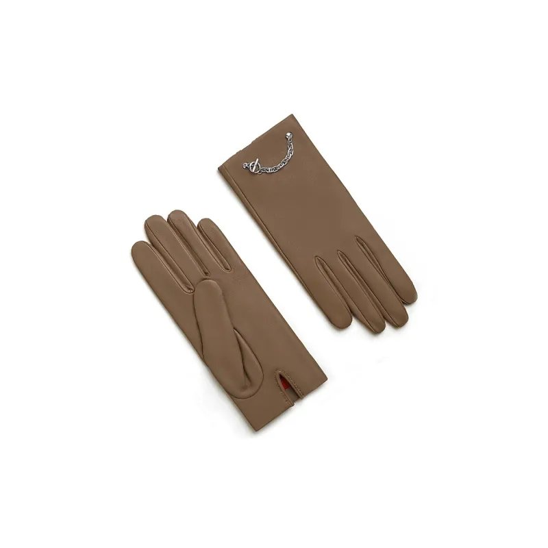 HERMES Lambskin, Cashmere, Metal, Palladium Plated Gloves Women's Brown-2