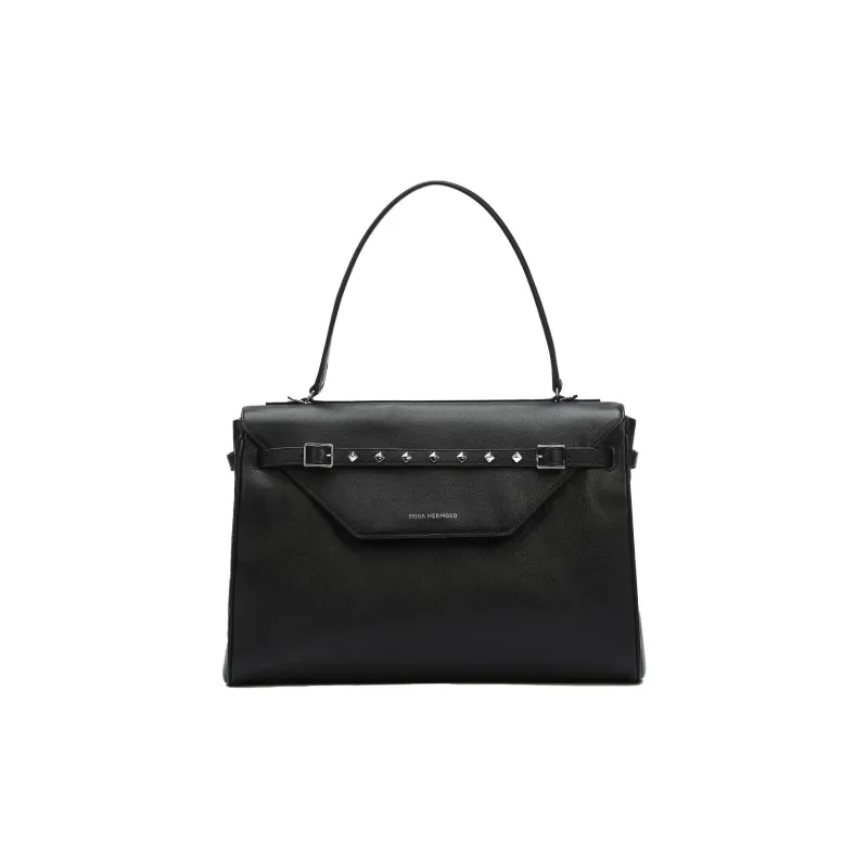 ROSA HERMOSO Cow Leather Handbag Crossbody Bag Large Size Unisex Black/Gray Silver-0