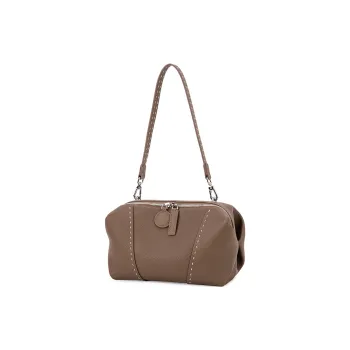 VENOF Top Grain Cow Leather Shoulder Bag Women's Elephant Gray/Mirrored Black
