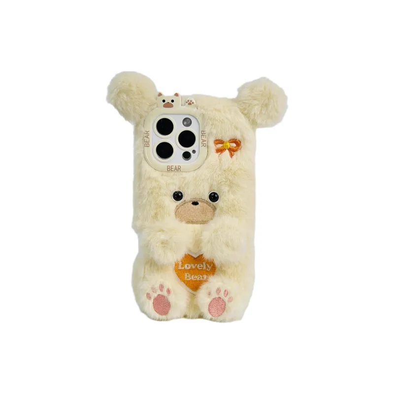 Sopi Plush Material Plush Embroidered Heart Bear Phone Cases Compatible With IPhone 16/15 Pro Max/Apple 13/14 Pro/Max-4