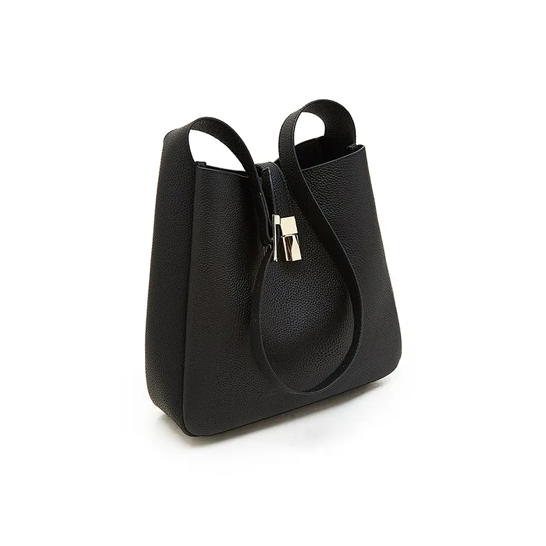 Old Man's Head Top Grain Cow Leather Shoulder Bag Medium Size Women's Black-4