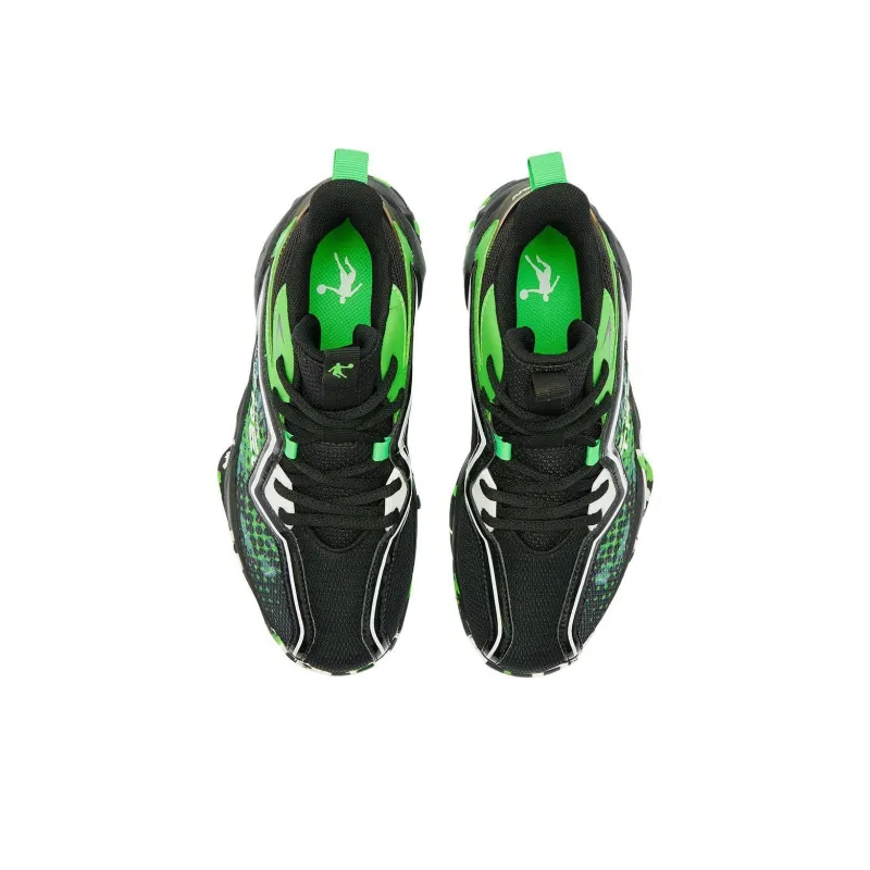 QIAODAN Anti Slip Wear Resistant Mid Top Children's Basketball Shoes Black Green Teenagers-3