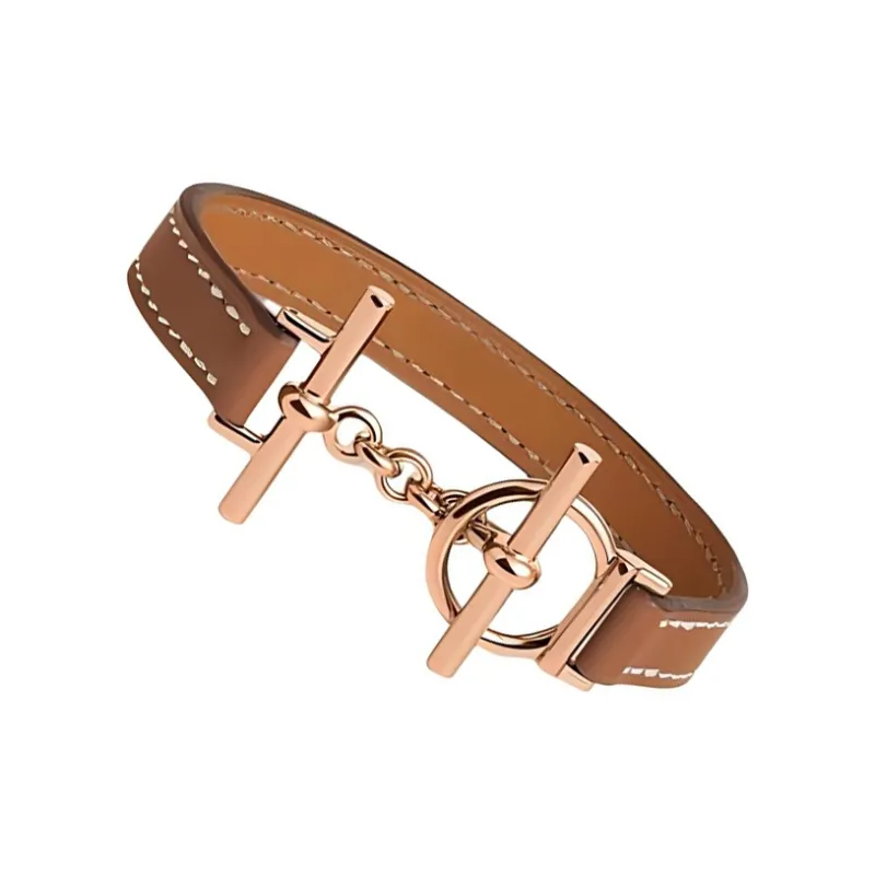 HERMES Calfskin, Metal, Rose Gold Plated Bracelets Women's Brown-1