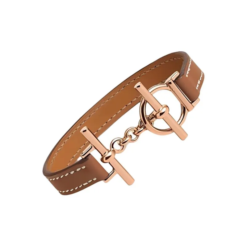 HERMES Calfskin, Metal, Rose Gold Plated Bracelets Women's Brown-2