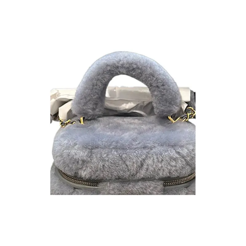CHANEL Wool Plush Bag Makeup Bag Handbag Women's Gray-3