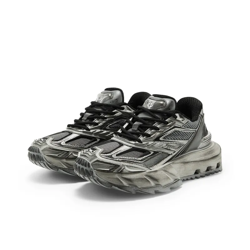 OGR Pangolin REMAKE Low Top Chunky Sneakers Unisex Cyber Silver Gray Destroyed-1
