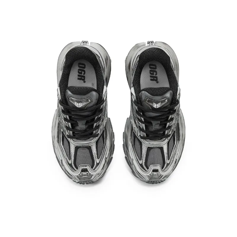 OGR Pangolin REMAKE Low Top Chunky Sneakers Unisex Cyber Silver Gray Destroyed-3
