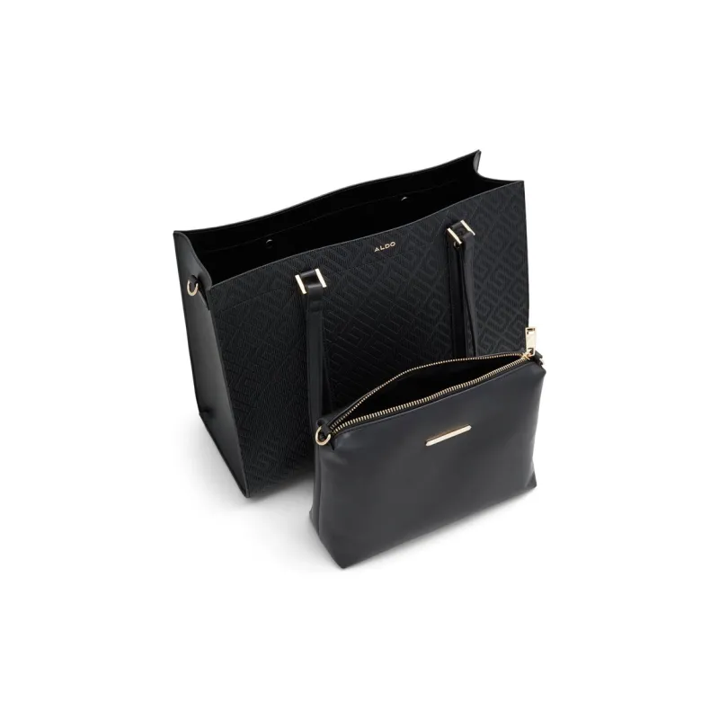 ALDO Artificial Leather Tote Bag, Shopping Bag, Shoulder Bag Medium Size Women's Black/Black White-2
