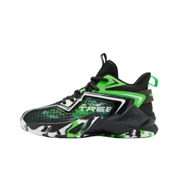 QIAODAN Anti Slip Wear Resistant Mid Top Children's Basketball Shoes Black Green Teenagers