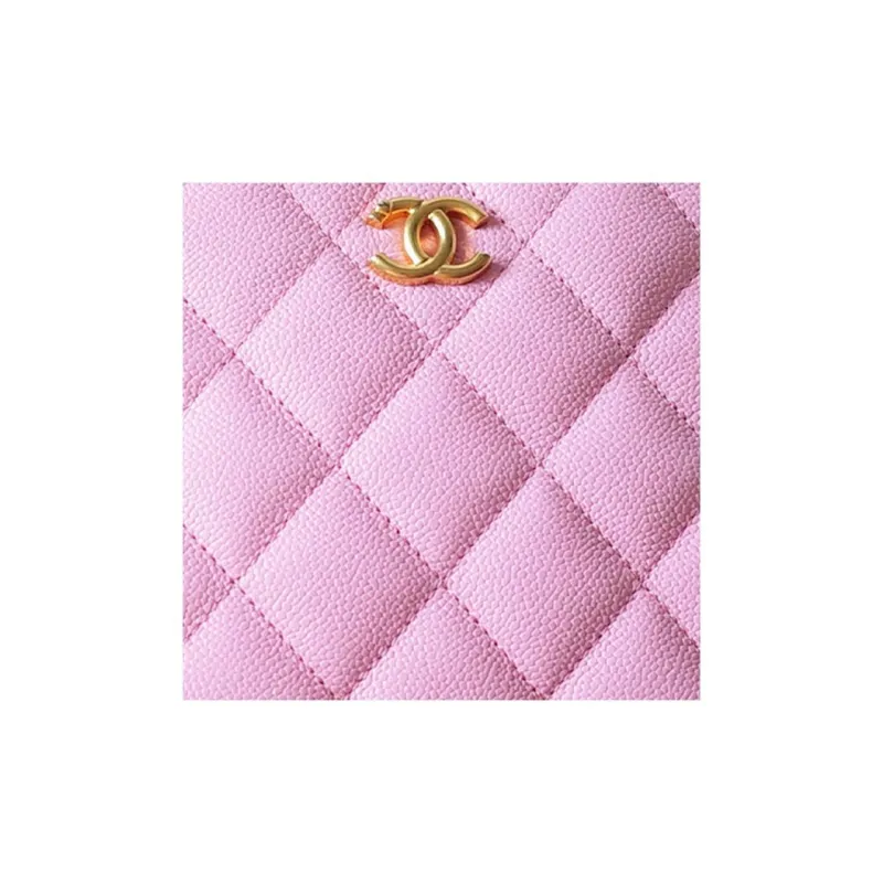 CHANEL 23P SS Grain Embossed Cow Leather Hobo Bag, Small Square Bag, Shoulder Bag, Crossbody Bag Trumpets Unisex Pink-1
