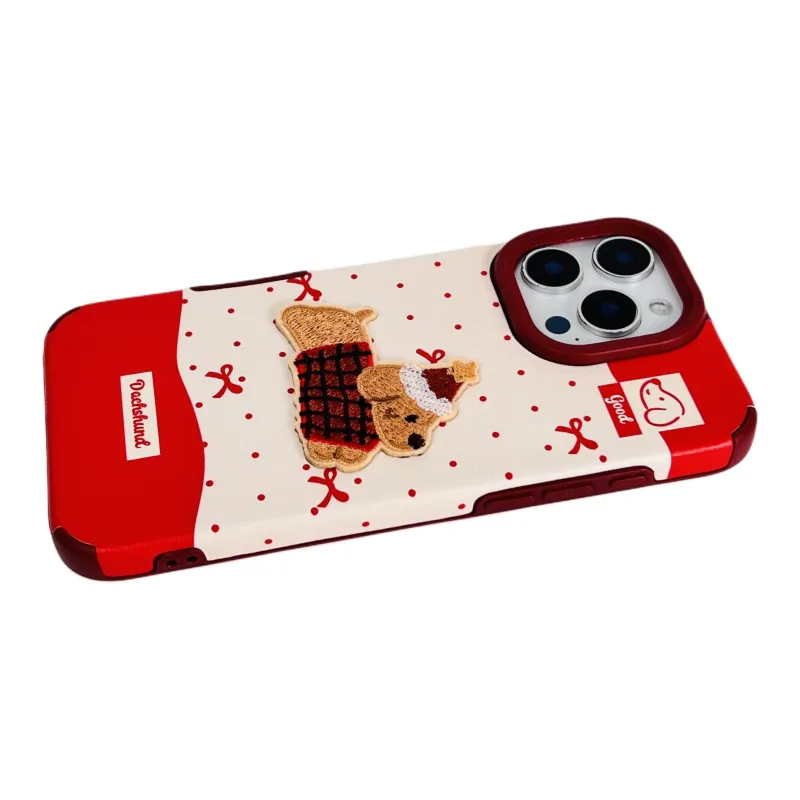 Wei Xin Leather Material Red Polka Dot Embroidered Puppy Lanyard Phone Cases Compatible With IPhone 16/15/14/13/Pro/Mac-5