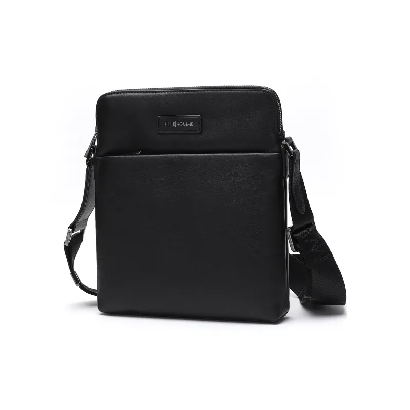 ELLE HOMME Cow Leather Shoulder Bag, Crossbody Bag Regular Men's Black-1