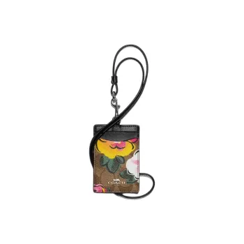 COACH Lanyard Leather Card Holder Small Size Women's Black Brown Multicolor