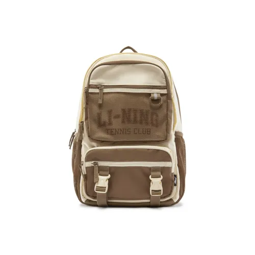 LiNing Sports Life Collection Polyester Backpack Unisex Light Cream With Brown Accents