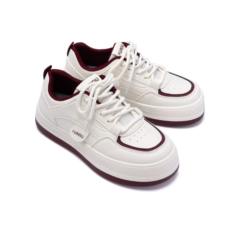 HUANQIU Anti Slip And Wear Resistant Height Increasing Low Top Skateboard Shoes Women's Beige Burgundy-3