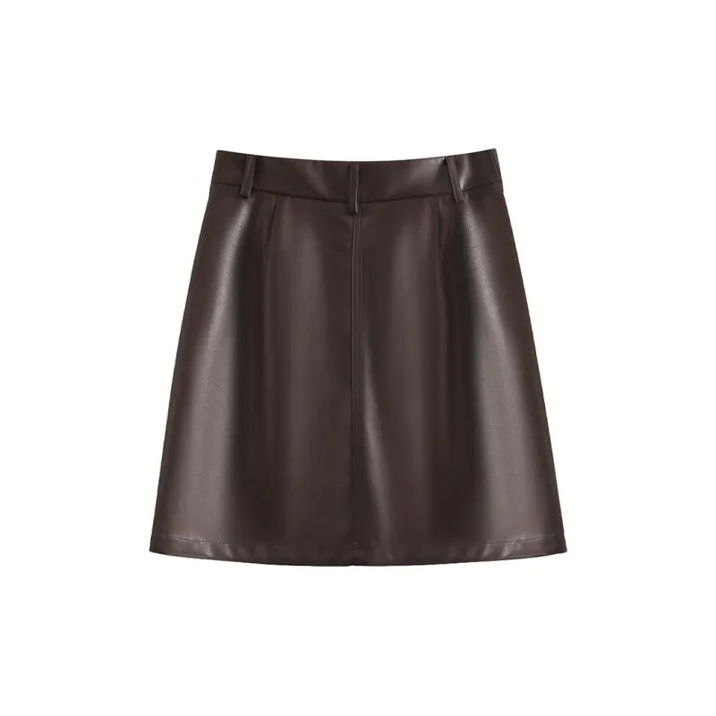She Enjoys Leather Short Skirts Women's Dark Coffee-1