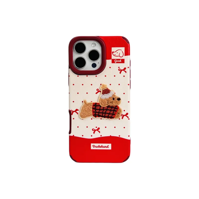 Wei Xin Leather Material Red Polka Dot Embroidered Puppy Lanyard Phone Cases Compatible With IPhone 16/15/14/13/Pro/Mac-2
