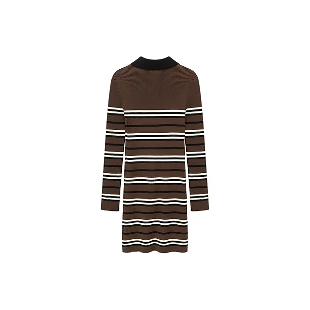 CHUU Long Sleeved Dress Women's Coffee Stripes-1