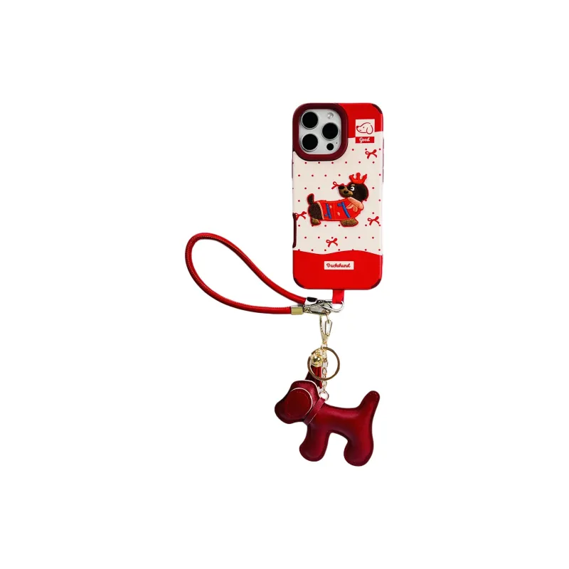 Wei Xin Leather Material Red Polka Dot Embroidered Puppy Lanyard Phone Cases Compatible With IPhone 16/15/14/13/Pro/Mac-6