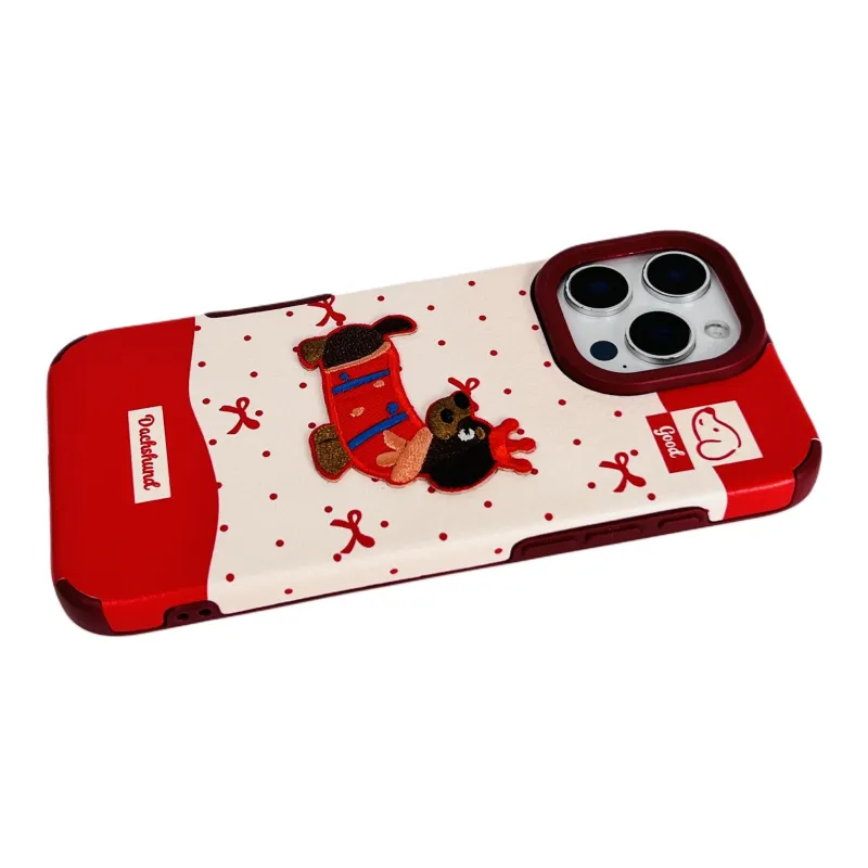 Wei Xin Leather Material Red Polka Dot Embroidered Puppy Lanyard Phone Cases Compatible With IPhone 16/15/14/13/Pro/Mac-11