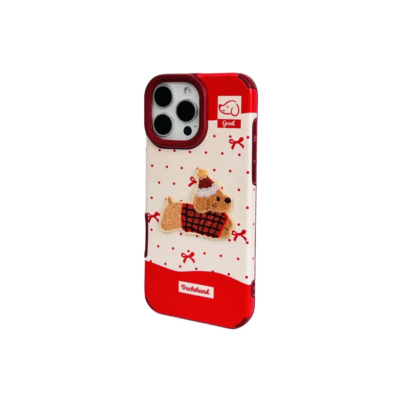 Wei Xin Leather Material Red Polka Dot Embroidered Puppy Lanyard Phone Cases Compatible With IPhone 16/15/14/13/Pro/Mac-4