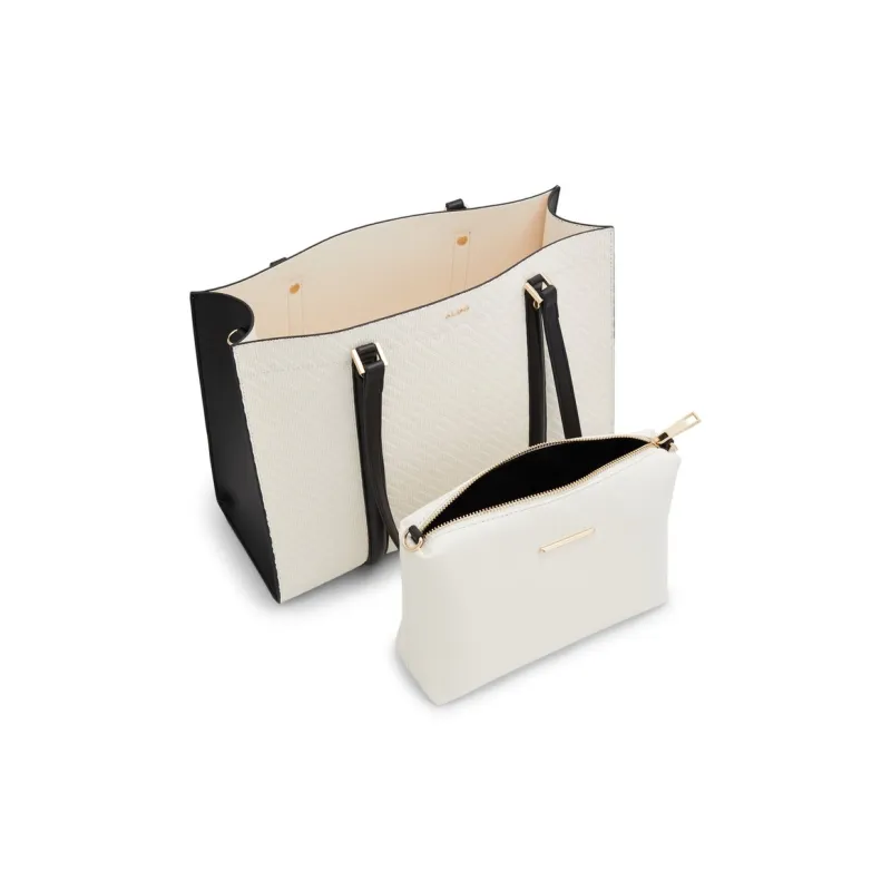 ALDO Artificial Leather Tote Bag, Shopping Bag, Shoulder Bag Medium Size Women's Black/Black White-5