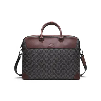 ELLE HOMME PVC Artificial Leather With Synthetic Leather Crossbody Briefcase Large Size Men's Dark Coffee
