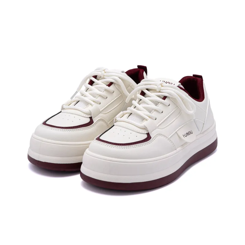 HUANQIU Anti Slip And Wear Resistant Height Increasing Low Top Skateboard Shoes Women's Beige Burgundy-2