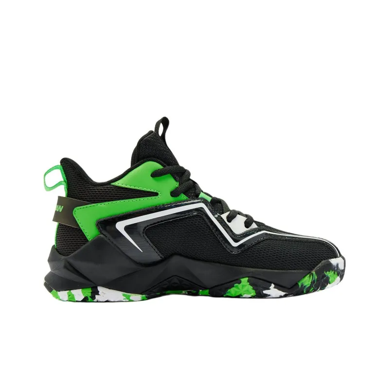 QIAODAN Anti Slip Wear Resistant Mid Top Children's Basketball Shoes Black Green Teenagers-1