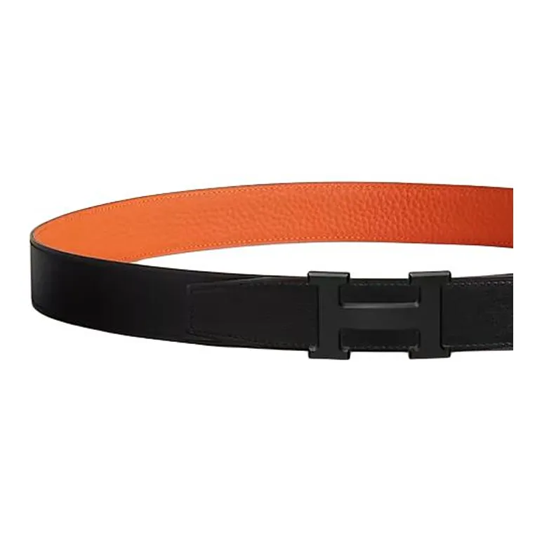 HERMES Metal Calf Leather Leather Belts Men's Black Width: 3.2CM-2