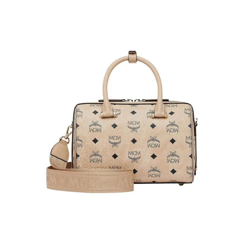 MCM Essential Visetos Origina Canvas Boston Bag, Pillow Bag, Handbag Regular Women's Beige-3