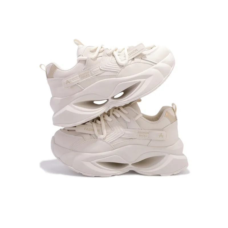 SNXR Anti Slip And Wear Resistant Height Increasing Low Top Chunky Sneakers Women's Beige Gold-3