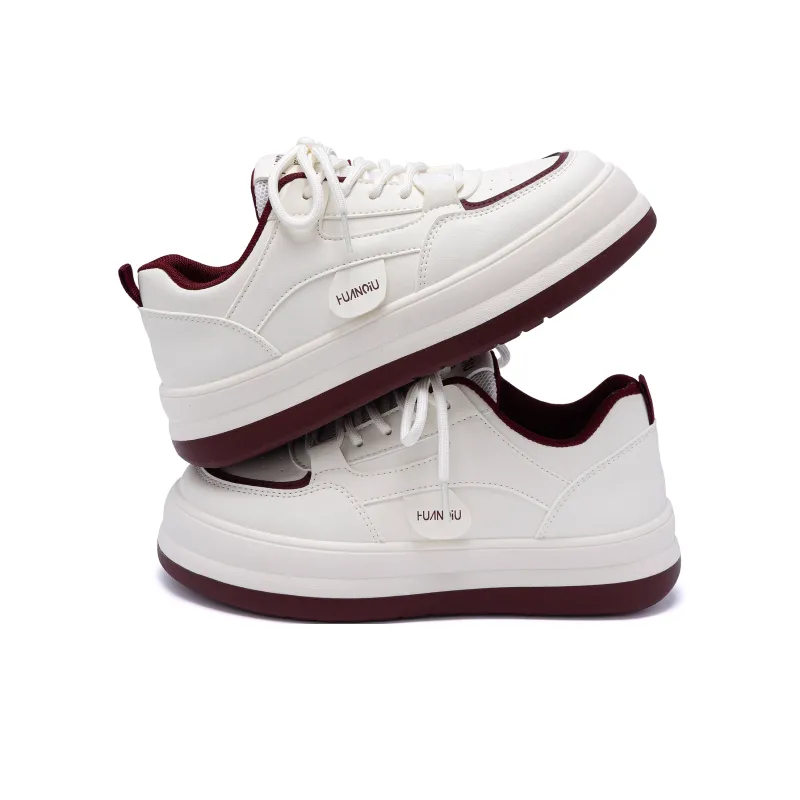 HUANQIU Anti Slip And Wear Resistant Height Increasing Low Top Skateboard Shoes Women's Beige Burgundy-4