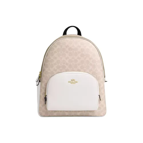 COACH Court Coated Canvas With Leather Backpack Large Size Women's Beige