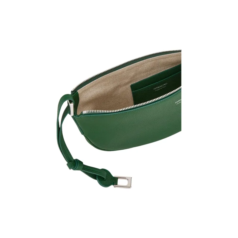 FERRAGAMO Textured Cow Leather Hobo Bag Handbag Small Size Women's Forest Green-3
