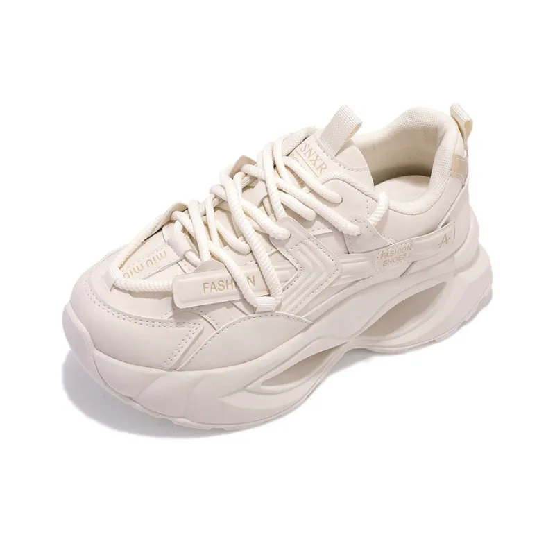 SNXR Anti Slip And Wear Resistant Height Increasing Low Top Chunky Sneakers Women's Beige Gold-2