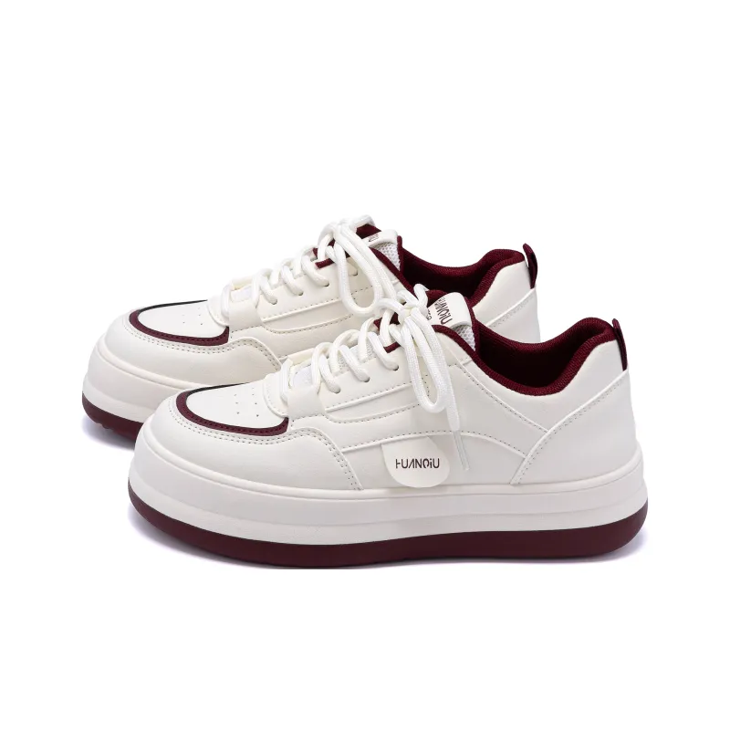 HUANQIU Anti Slip And Wear Resistant Height Increasing Low Top Skateboard Shoes Women's Beige Burgundy-1