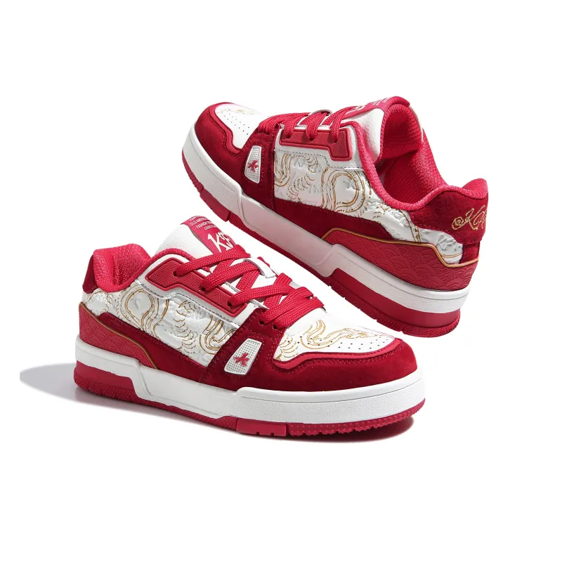 KFT Cloud Pattern Anti Slip And Wear Resistant Height Increasing Low Top Skateboard Shoes Unisex White Red-4