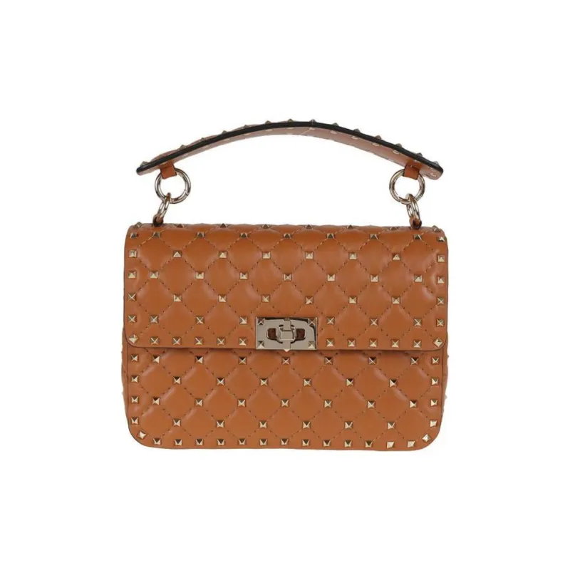 Valentino Rockstud Leather One Shoulder Handbags Medium Size Women's Flesh Cardamom Color-0