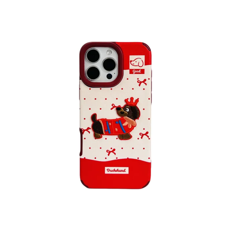 Wei Xin Leather Material Red Polka Dot Embroidered Puppy Lanyard Phone Cases Compatible With IPhone 16/15/14/13/Pro/Mac-8