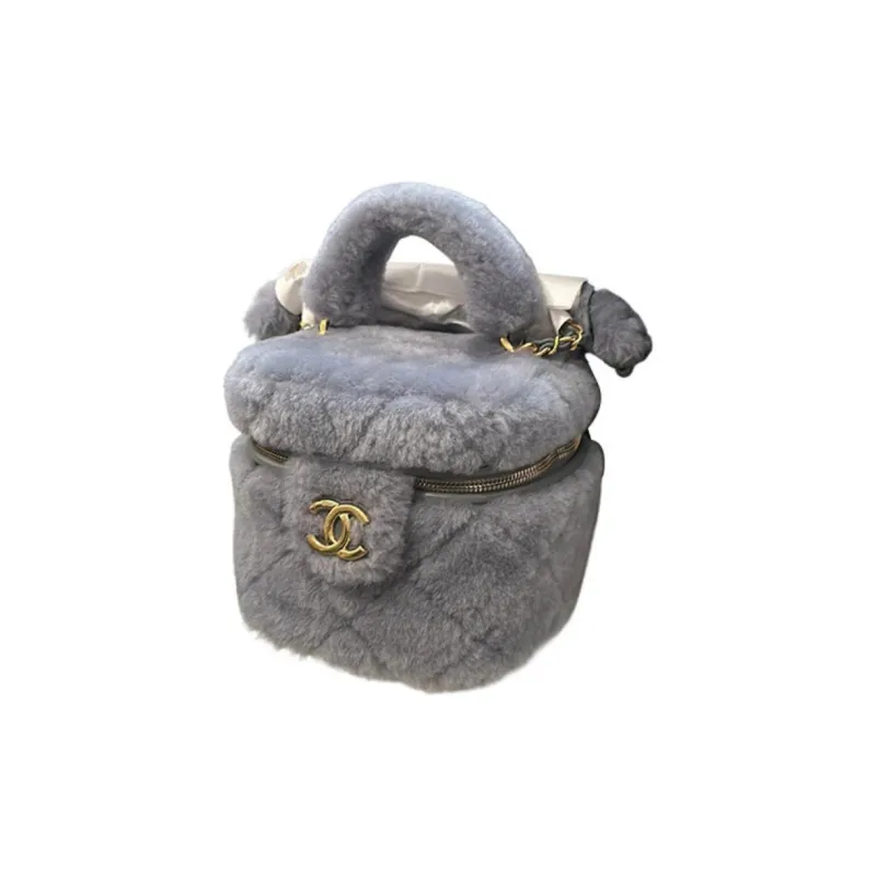 CHANEL Wool Plush Bag Makeup Bag Handbag Women's Gray-1