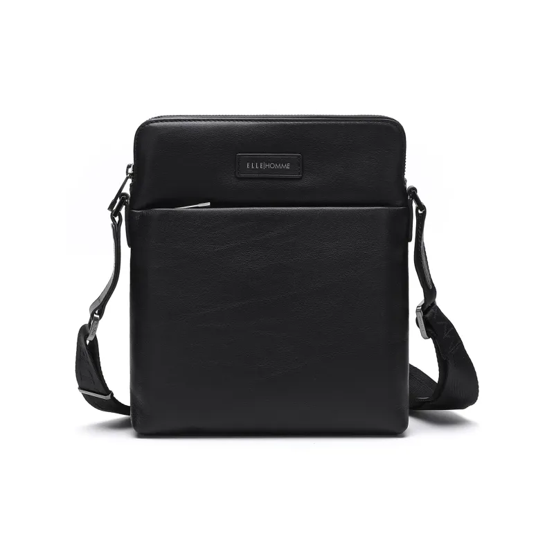 ELLE HOMME Cow Leather Shoulder Bag, Crossbody Bag Regular Men's Black-0