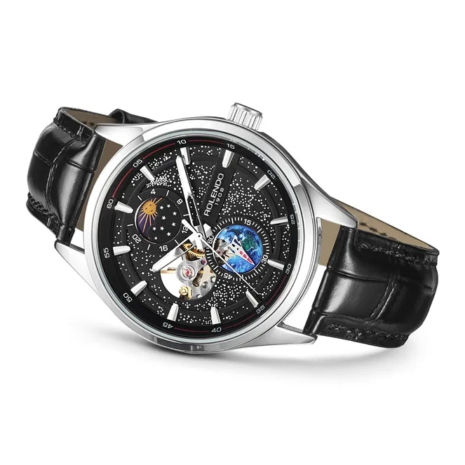 ROLENDO R Automatic Mechanical Movement Cowhide Strap Watch Men's Watches Black Dial-4