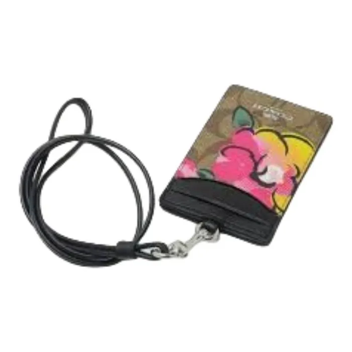 COACH Lanyard Leather Card Holder Small Size Women's Black Brown Multicolor-1