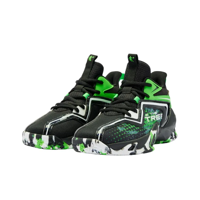 QIAODAN Anti Slip Wear Resistant Mid Top Children's Basketball Shoes Black Green Teenagers-2